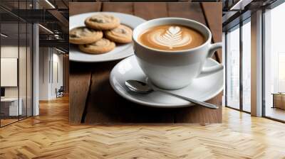 Cup of coffee and cookies on a wooden table, Closeup of a cup of coffee and cookies on a table Wall mural