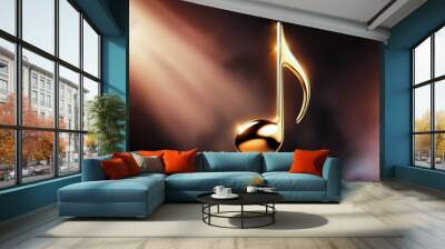 Golden music notes on a defocused brown background, Golden musical note floating on a dark abstract background Wall mural