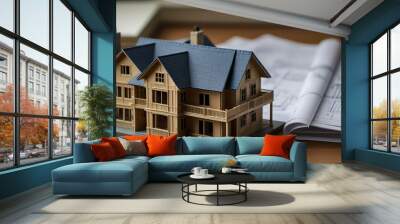 Real estate and home concept, close up of house model on blueprint background, Building construction Wall mural