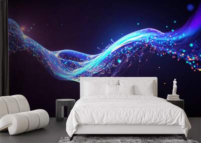 Abstract flowing fluid light particles purple and blue on black background in concept technology, science Wall mural