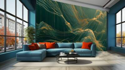 abstract illustration of mountain landscape in green tone with gold lines in concept nature, luxury Wall mural