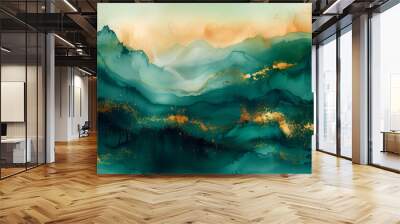 abstract painting mountain landscape by fluid green watercolor ink with gold accent of sunlight sky  Wall mural