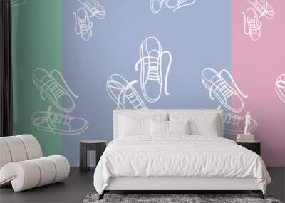 set of seamless with white outline sneakers on green, blue, pink backgrounds Wall mural