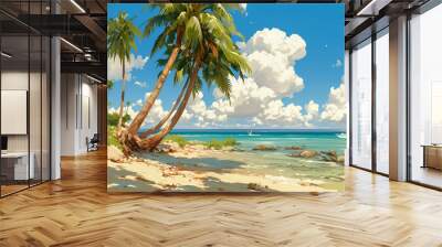  picturesque scene of a tropical beach with swaying palm trees, crystal-clear water, and fluffy clouds. Wall mural