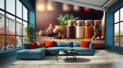 Display mockup of Kitchen counter with ingredients for cooking and herbs generative ai digital illustration Wall mural