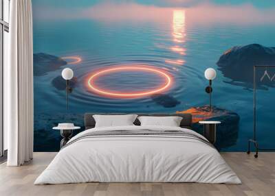 Mystical neon light rings on tranquil water at dusk, concept of serenity and digital art Wall mural