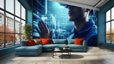 The Engineer or Architect wearing VR headset vision pro for online supervising construction project metaverse generative ai 3D digital illustration. Wall mural