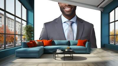 Beautiful African American businessman in suit, smiling, isolated on white transparent background, png Wall mural