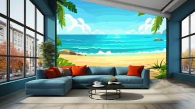 Blank background beach by the sea summer vector cartoon illustration, copy space landscape beach and ocean  Wall mural