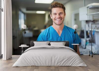 handsome male veterinarian in veterinary clinic with blurred background Wall mural