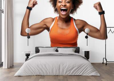 Happy thin athletic African American woman isolated on transparent and white background. PNG transparent Wall mural