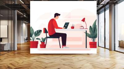 Man freelancer sitting on a chair behind a desk and working on a laptop in the office, vector illustration in red colors on white background Wall mural