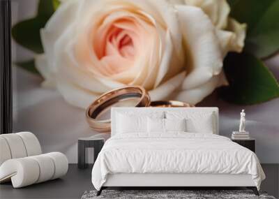 Two wedding rings and a bouquet of flowers close-up in light colors, wedding Wall mural