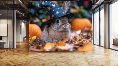 Adorable Rabbit in Witch Hat with Pumpkins for Halloween Decor Wall mural