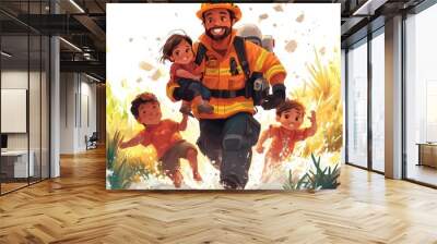 Firefighter Rescuing Children Through Floodwaters Wall mural