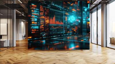 Futuristic Digital Interface with Data Graphs and Code Wall mural