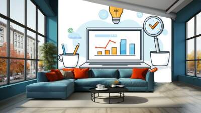 Laptop with Graph  Lightbulb and Checkmark for Success and Business Growth Wall mural