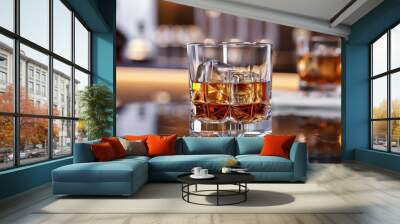 Whiskey on the Rocks in a Glass at a Bar Wall mural