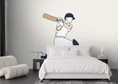 Color illustration of a batsman hitting a ball. Cricket one-line drawing Wall mural