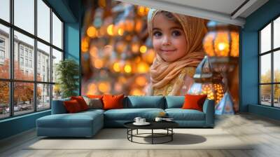 Ai Generative photo of a happy muslim girl with ramadan lanterns in streets Wall mural