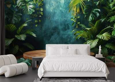 Photo of a wooden podium with tropical plants in the background for product presentation Wall mural