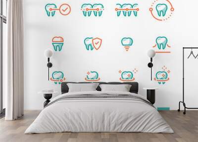 Teeth braces, dental care, stomatology services, cleaning and whitening, implant and crown, protection concept, line icons Wall mural