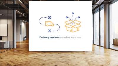 Truck delivery and box package, transportation services line icons Wall mural