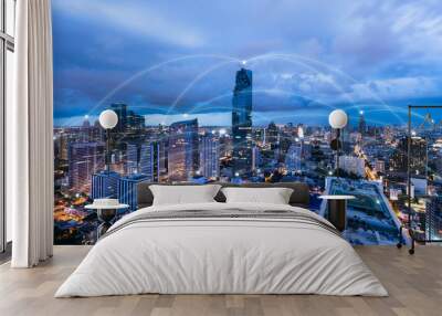 Blue high-tech tone of cityscape conneted line, technology conce Wall mural