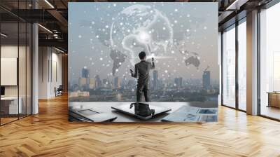 Businessman pressing on digital virtual screen, globalization marketing conceptual Wall mural