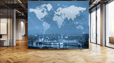 City with world map and conneting line, globalization conceptual Wall mural