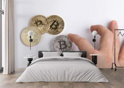 crypto currency, golden and silver bitcoin on white background. Wall mural