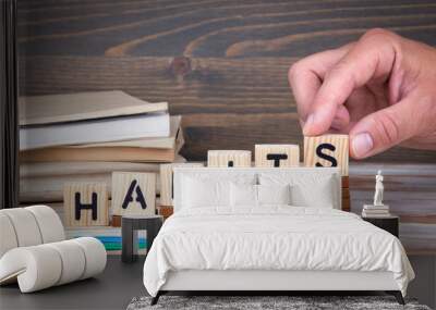 Habits concept. Wooden letters on the office desk, informative and communication background. Wall mural