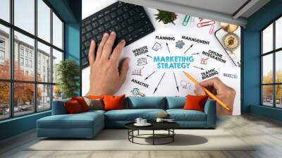 marketing strategy Concept. Chart with keywords and icons. hands on working desk doing business Wall mural