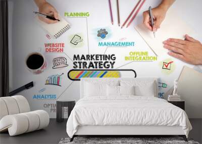 marketing strategy Concept. Chart with keywords and icons. The meeting at the white office table. Wall mural