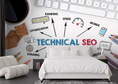 Technical SEO concept. Chart with keywords and icons. White office desk Wall mural