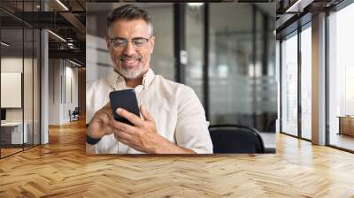 Banner with middle-age Hispanic business manager ceo using cell phone mobile app. Smiling Latin or Indian mature man businessman holding smartphone in office, working as trader on pc, with copy space Wall mural