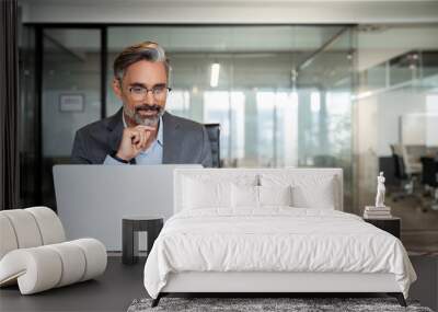 Mature Indian or Latin business man ceo trader using computer, typing, working in modern office, doing online data market analysis, thinking planning tech strategy looking at laptop with copy space. Wall mural