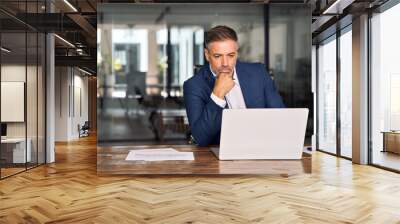 Mature Indian or Latin business man ceo trader using computer, typing, working in modern office, doing online data market analysis, thinking planning tech strategy looking at laptop with copy space. Wall mural