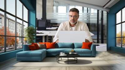 Mature Indian or Latin business man trader using computer, typing, working in modern office, doing online internet research on laptop. Horizontal photo with copy space banner for website header design Wall mural