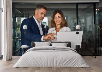 Mature Latin business man and European business woman discussing project on laptop gadget in office. Two diverse partners, colleagues, team of confident professional business people work together. Wall mural