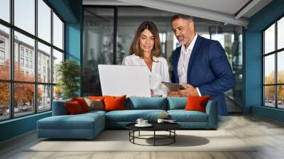 Mature Latin business man and European business woman discussing project on laptop gadget in office. Two diverse partners, colleagues, team of confident professional business people work together. Wall mural