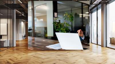 Middle age hispanic man using computer remote for business studying, watching online virtual webinar training meeting, video call. Mature businessman talking on laptop in office. Banner, copy space Wall mural