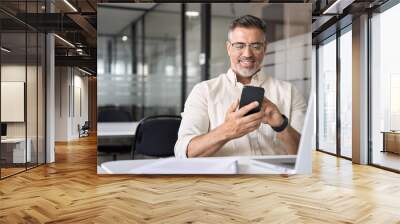 Middle aged Hispanic business manager ceo using cell phone mobile app, laptop. Smiling Latin or Indian mature man businessman holding smartphone sit in office working online on gadget with copy space. Wall mural