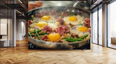 A stove-top pan filled with corned beef hash, eggs, and green beans cooking together. Generative AI Wall mural