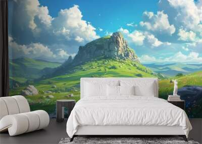 an epic fantasy anime landscape anime illustration with a big hill in background. Generative AI Wall mural