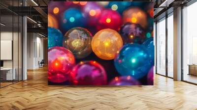 Close up high angle view of a joyful and fun multicolored, shiny, and vibrant plastic ball pit background in a playroom, with vivid rainbowcolored balls, creating a cheerful and colorful texture Wall mural