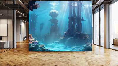 underwater palace constructed entirely from colorful coral formations Wall mural