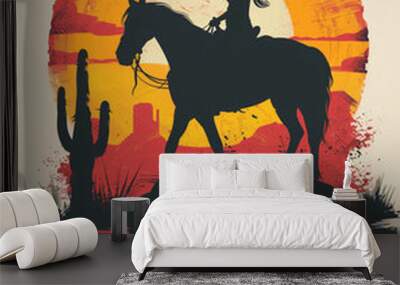 Cowgirl on Horseback in the Desert at Sunset Wall mural