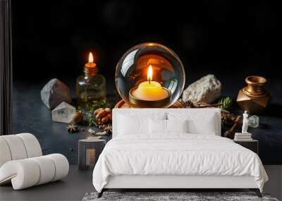 Divination panorama. A magic ball with a candle, crystals and herbs, top shot on a dark background isolated with white highlights, png Wall mural