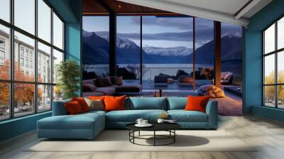 Luxurious Evening in a Modern Living Room with Fireplace  Overlooking Snowy Mountains. Elegant modern living room with panoramic views of snowy mountains at dusk Wall mural